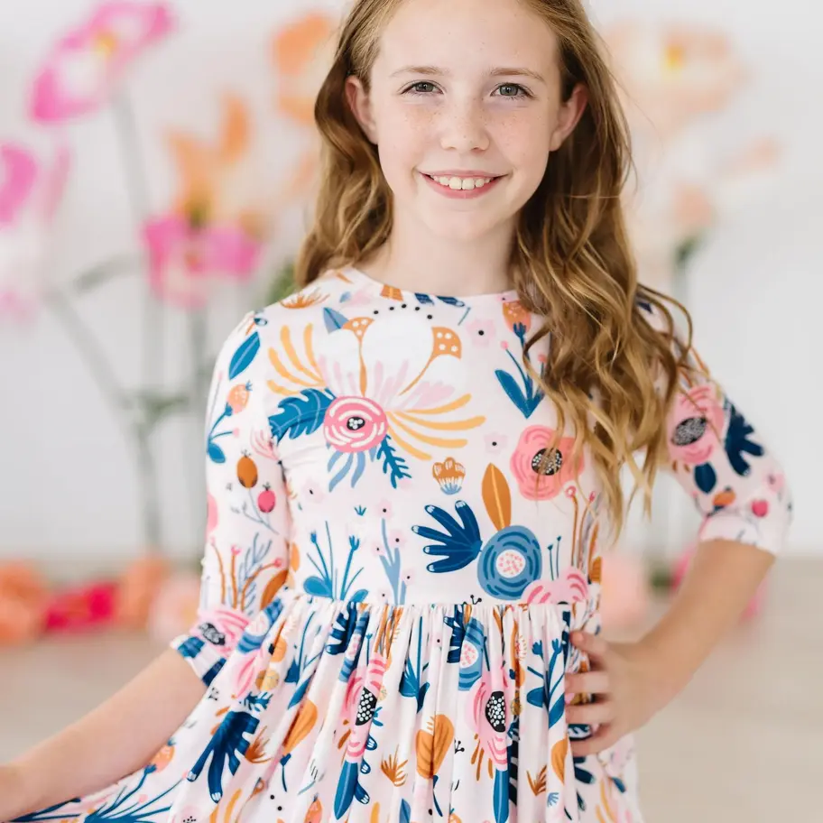 Blush Peony 3/4 Sleeve Pocket Twirl Dress fit view torso