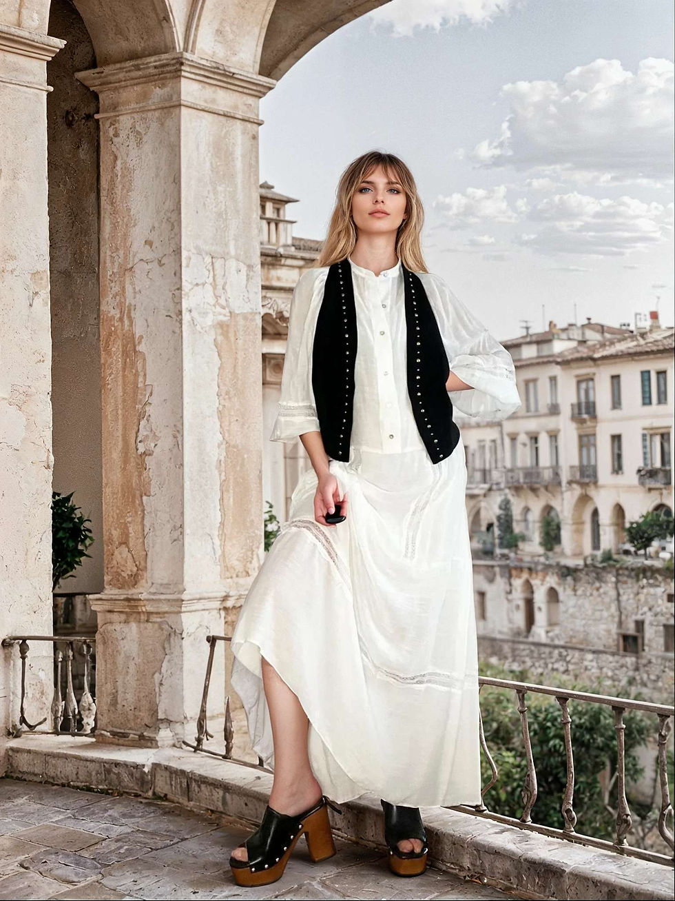Mannequin portant une robe longue bohème chic avec gilet noir clouté, 2ème pose