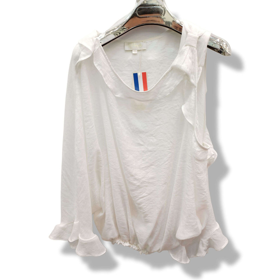 Thumbnail: Un top fluide volanté blanc, exposé sur ceintre