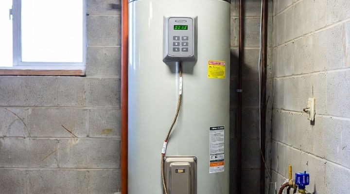 The image shows a Water Heater in a large, concrete room.