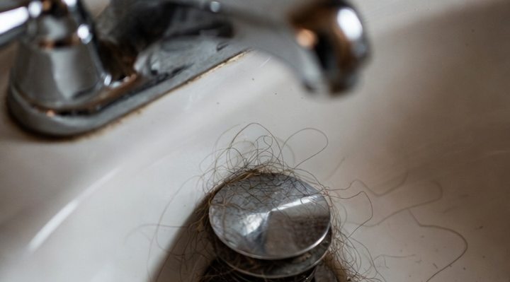 An image of a clogged sink with lots of hair.