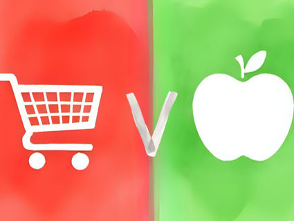 white shipping trolley on a red background and white apple on a green background with a 'v' between them