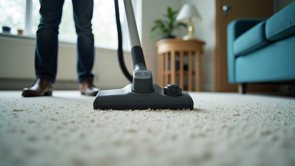 Eye-level view of a professional cleaner using a vacuum on a carpet