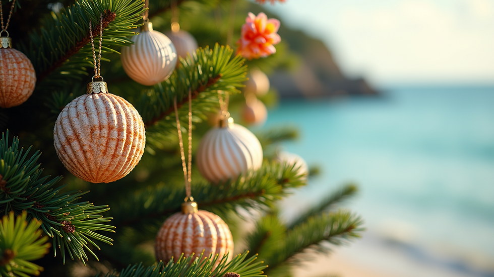 Eye-level view of a tropical-themed Christmas tree adorned with seashells and bright flowers