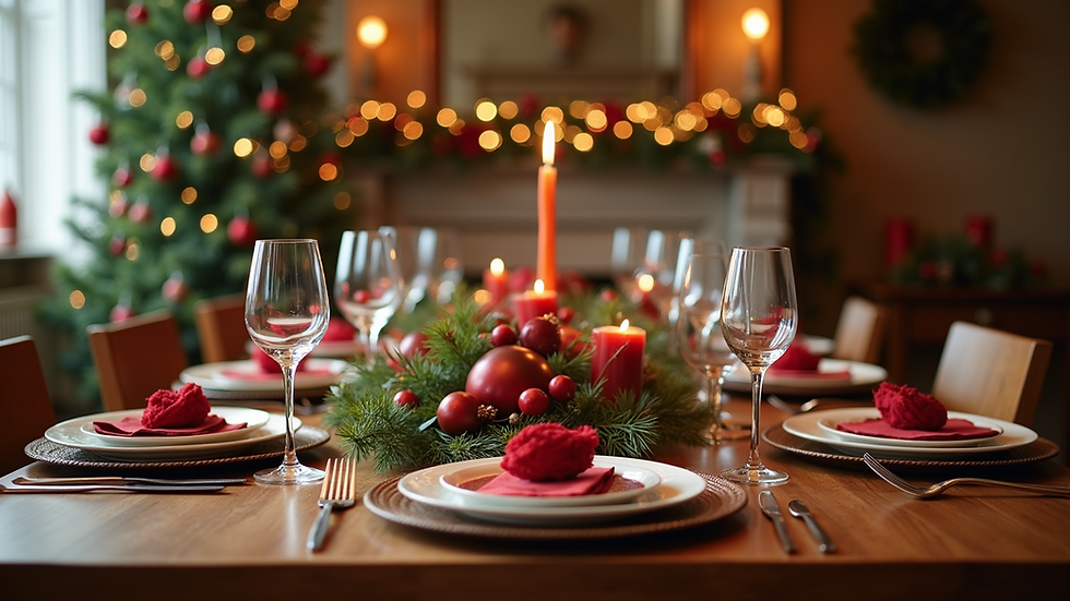 Close-up view of a beautifully arranged holiday table setting with candles and festive decor