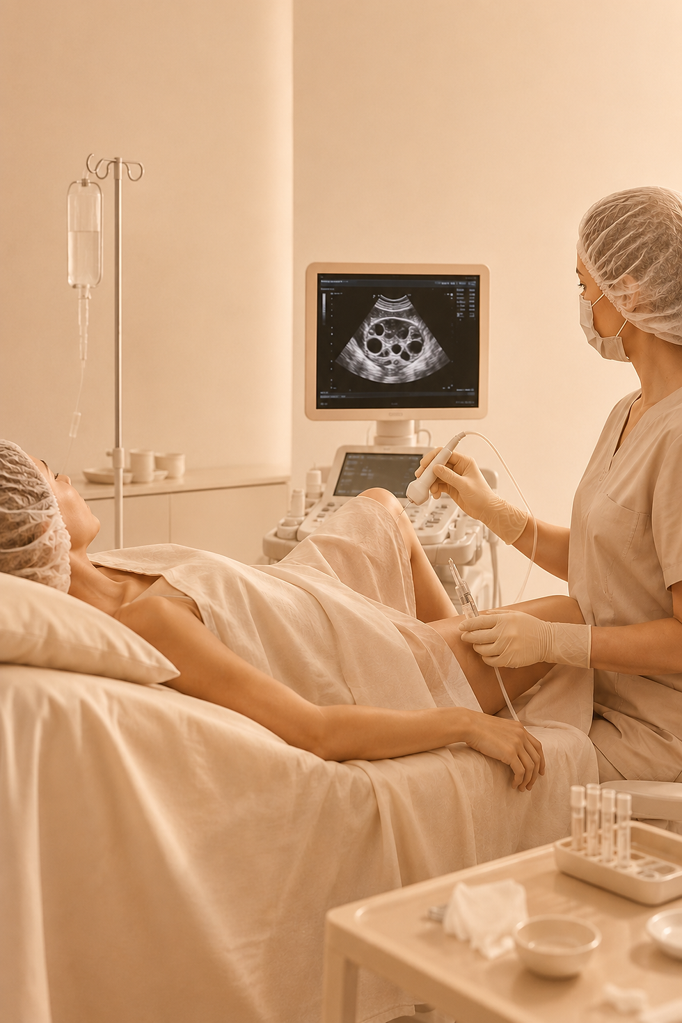 Infirmière en salle d’échographie examine le ventre d’une patiente allongée; écran montre une image médicale. Préparation ponction ovocytaire. Accompagnement Maman d'Amour