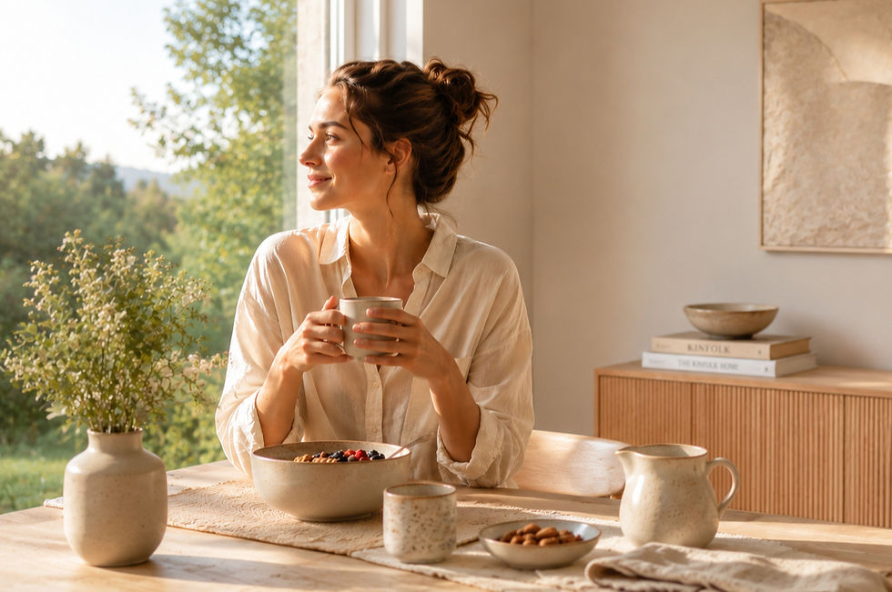 Jeune femme souriante mange un bol de fruits au petit-déjeuner dans une cuisine lumineuse, avec carafe, vase et tasse. Lifestyle médecine de Maman d'Amour