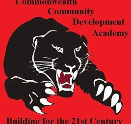 A fierce black panther with bared teeth and extended claws on a red background. Text: "Commonwealth Community Development Academy: Building for the 21st Century." Placeholder for S. Davis, Teacher/Tutor