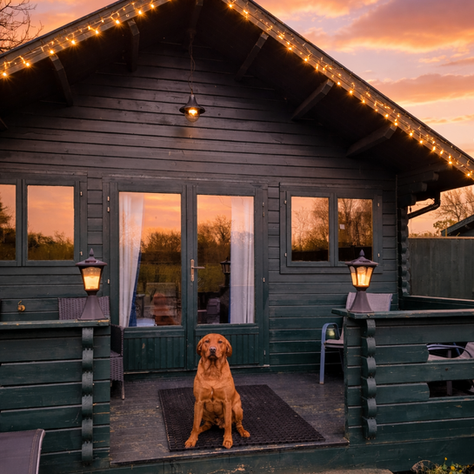 Sunset over Tad@Cwtch family lodge at glamping site on Brynsiencyn, Isle of Anglesey