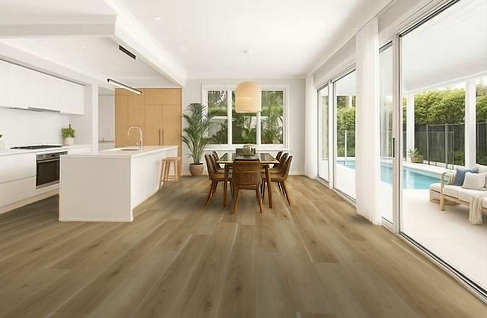 Light oak hybrid flooring in a modern Brisbane home with sliding doors opening to a pool.