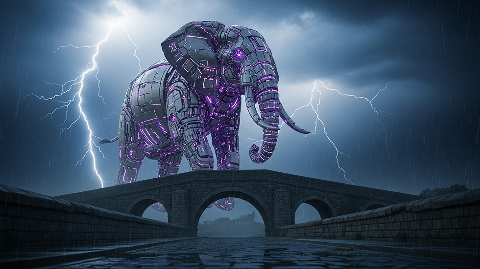 Stone arch road under dark sky with elephant guardian symbolism
