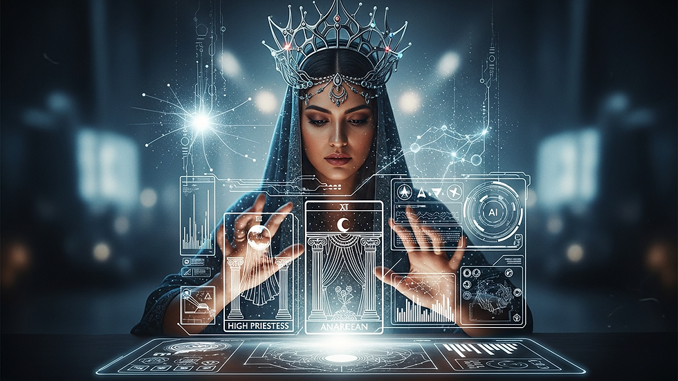 The High Priestess sits in front of an AI screen, creating tarot content