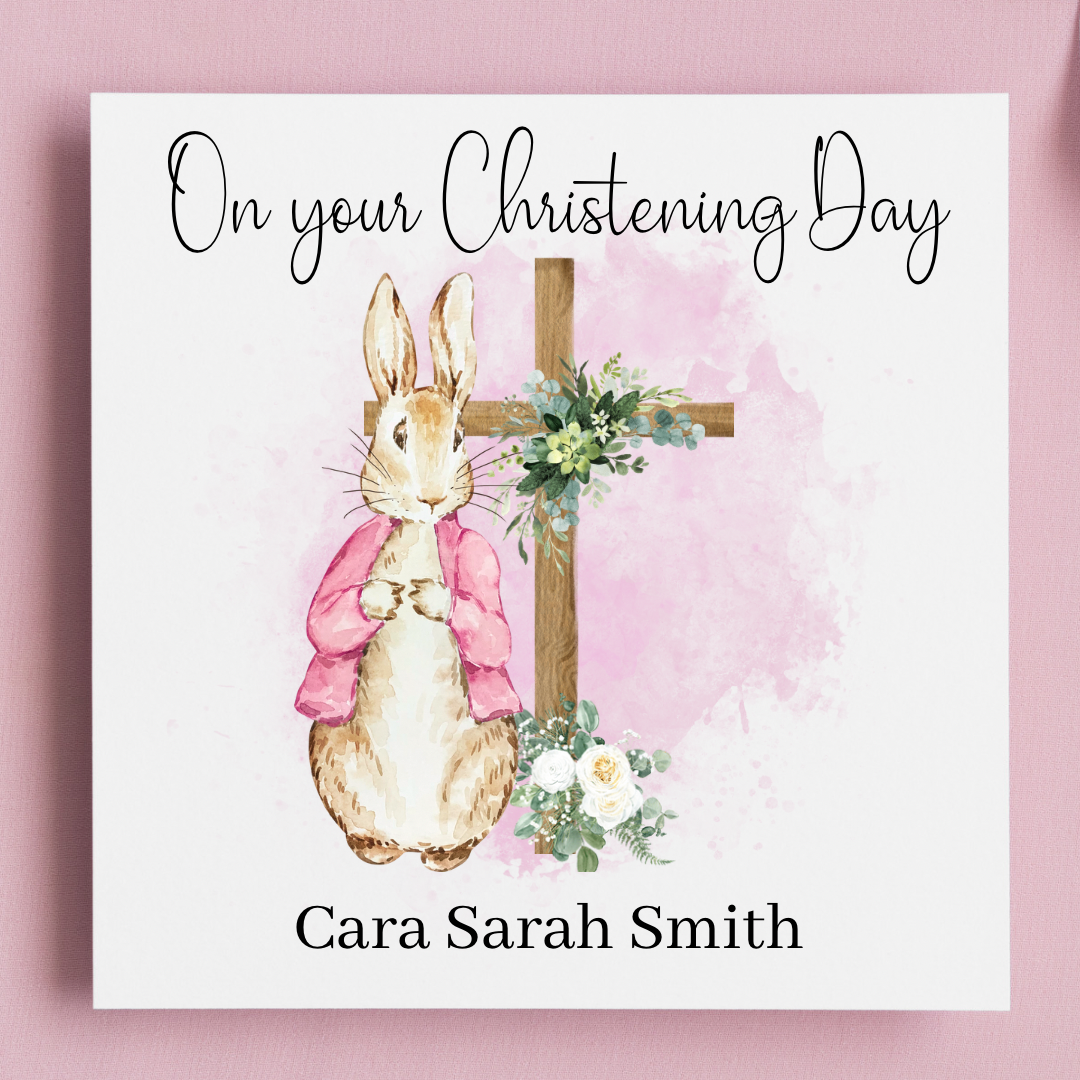 Pink Bunny Watercolor Christening Day Card