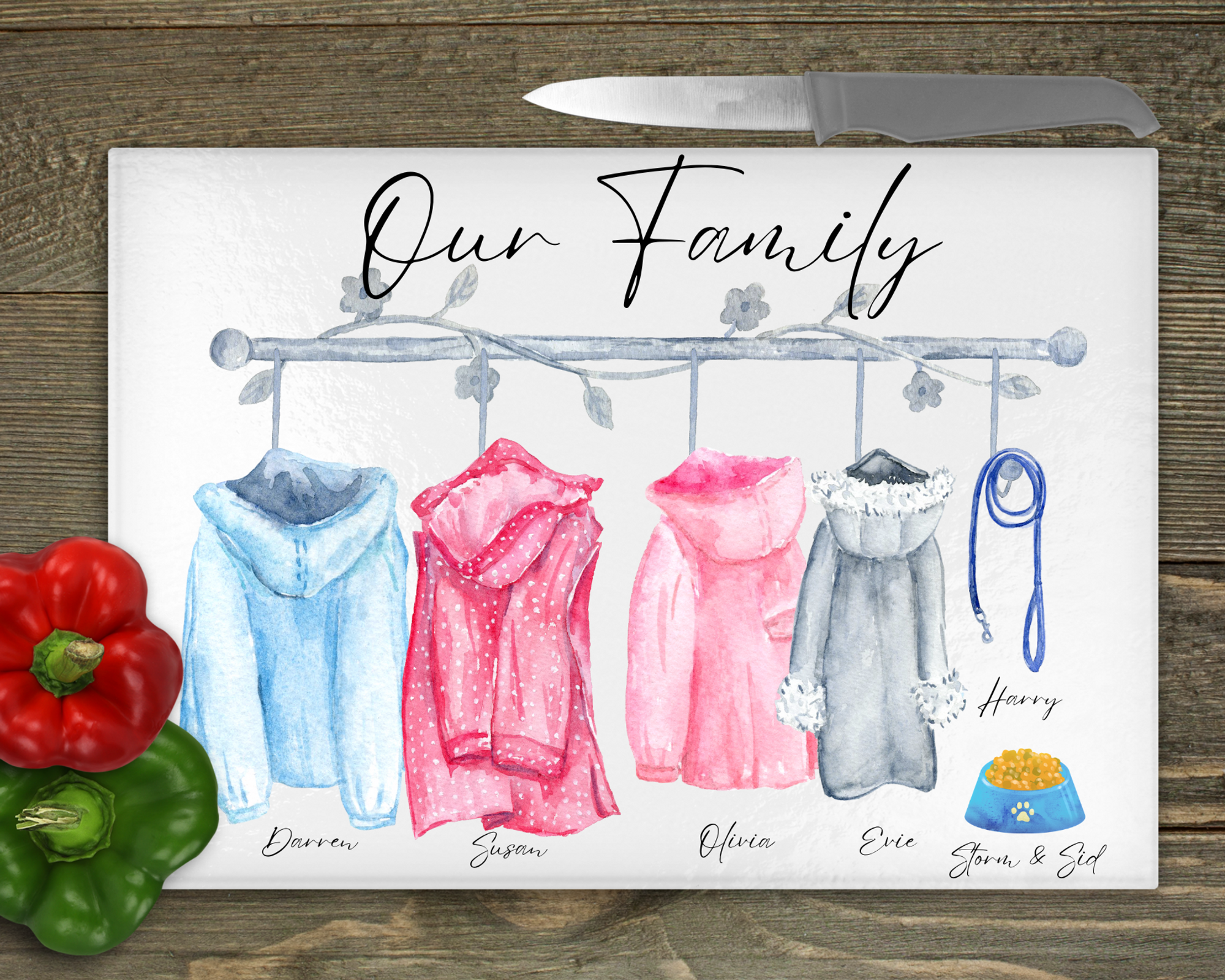 Coat Hook Print Family Chopping Board