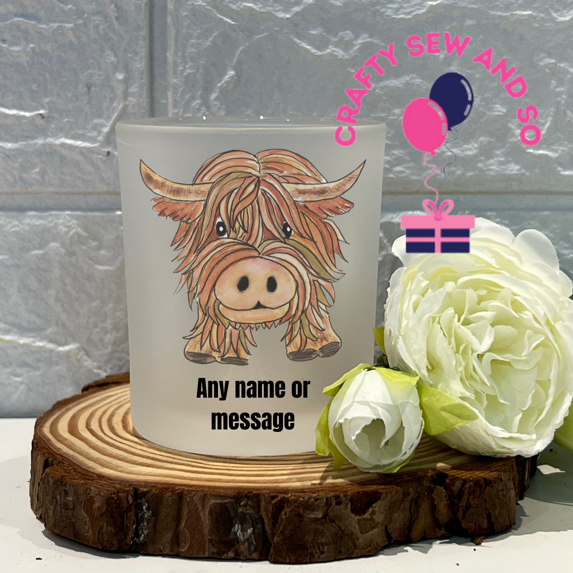Frosted Tea Light Holder Baby Highland Cow Image Can Be Personalised