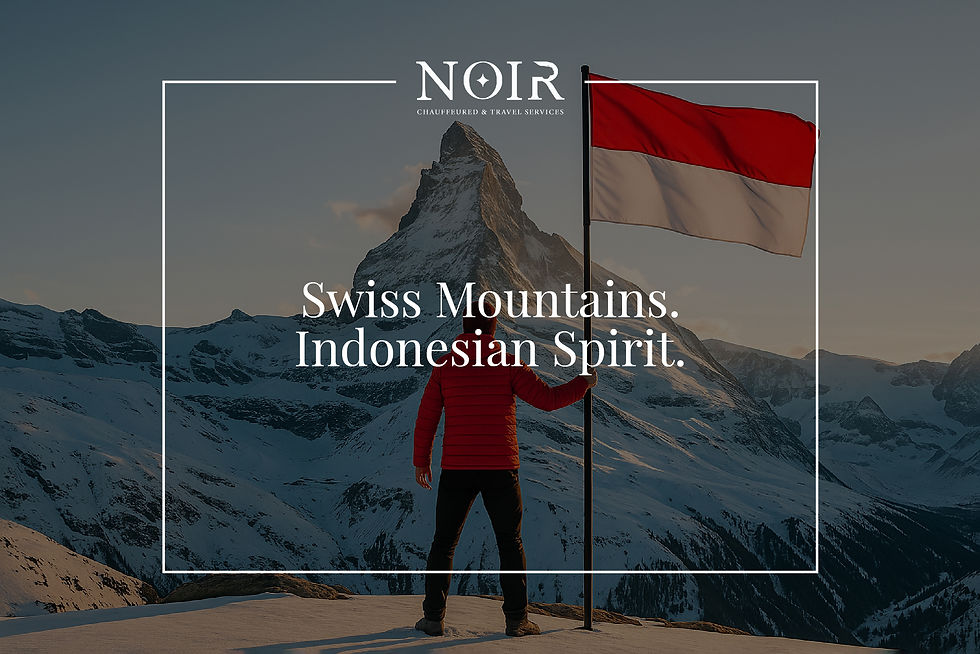 Bendera Indonesia di pegunungan Swiss yang indah