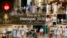 Bannière horizontale en collage pour la Fête de la musique 2026 aux Sables-d’Olonne, montrant des frères et sœurs réunis devant l’église Notre-Dame de Bon Port pour chanter la louange avec guitare, clavier, percussions et micros. Au centre, le titre de l’événement apparaît en grandes lettres blanches, accompagné de notes de musique, d’une croix lumineuse et du logo Emmaus COM en haut à gauche.