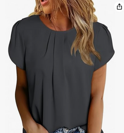 🏷️$11.80  Women's Casual Round Neck Basic Pleated Tops Short Sleeve Loose Fit Curved Keyhole