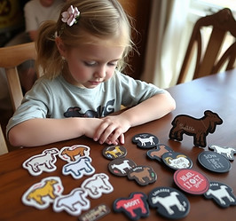 Picture of a young girl sitting at a table and looking at all of her goat stickers and goa