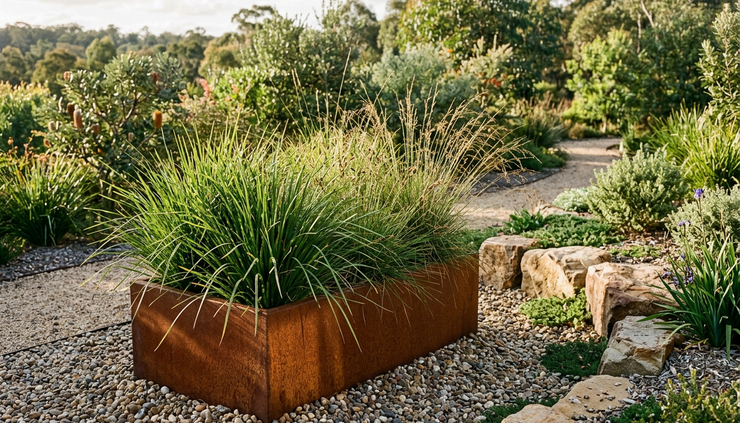 Eye-level view of a rusted steel planter filled with native grasses in a gravel garden.