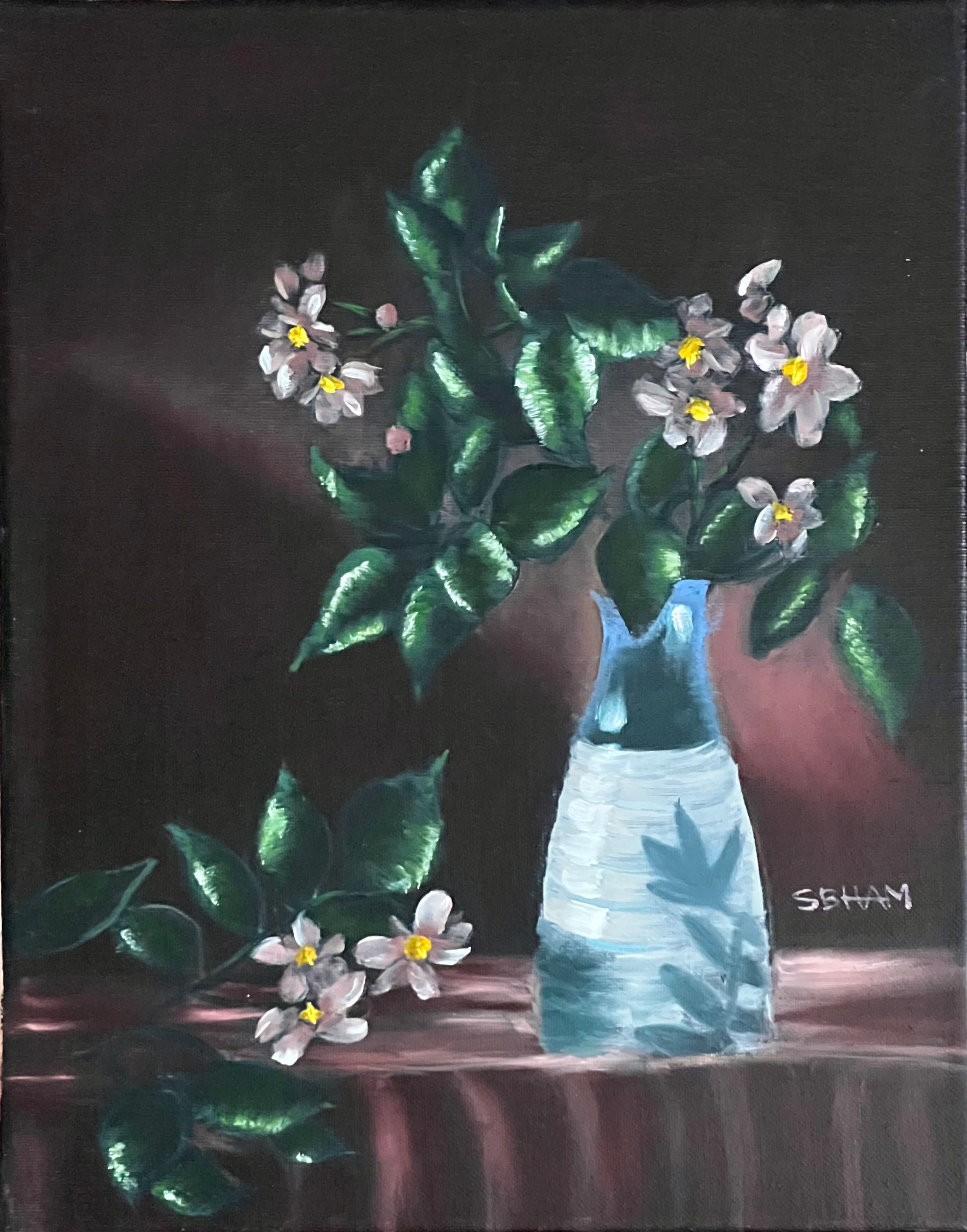 WILD ROSES and BLUE VASE