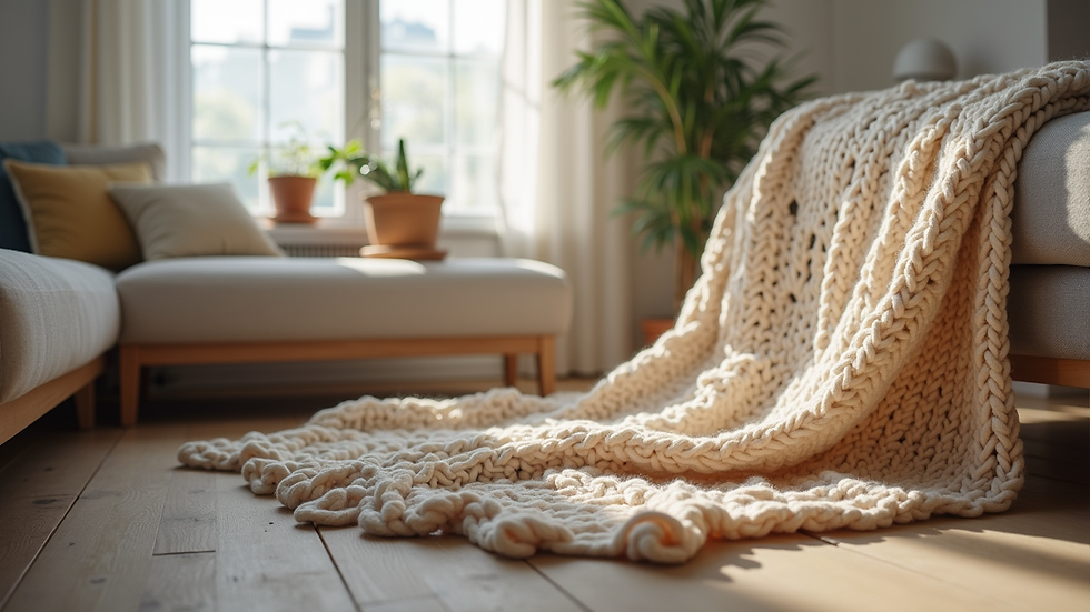 Eye-level view of a cozy living room with handmade knitted throw blankets
