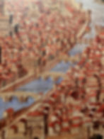 Francesco and Raffaello Petrini, View of Florence with the Chain, 1887, tempera on canvas, Palazzo Vecchio, Florence, after a fifteenth century woodcut attributed to Francesco Rosselli, Kupferstichkabinett, Staatlichen Museen, Berlin. This is a detail of a photo reproduction on view at the Minneapolis Institute of Art.