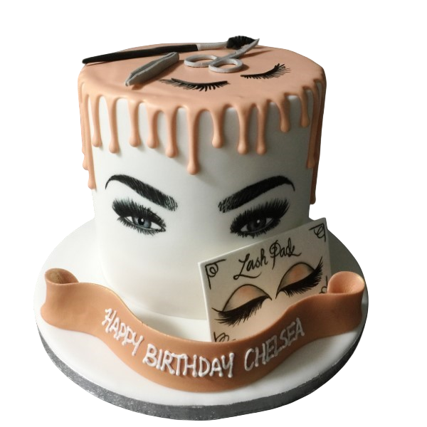 Gorgeous makeup-inspired cake with eyelash details and elegant drip design, perfect for stylish celebrations in UK.