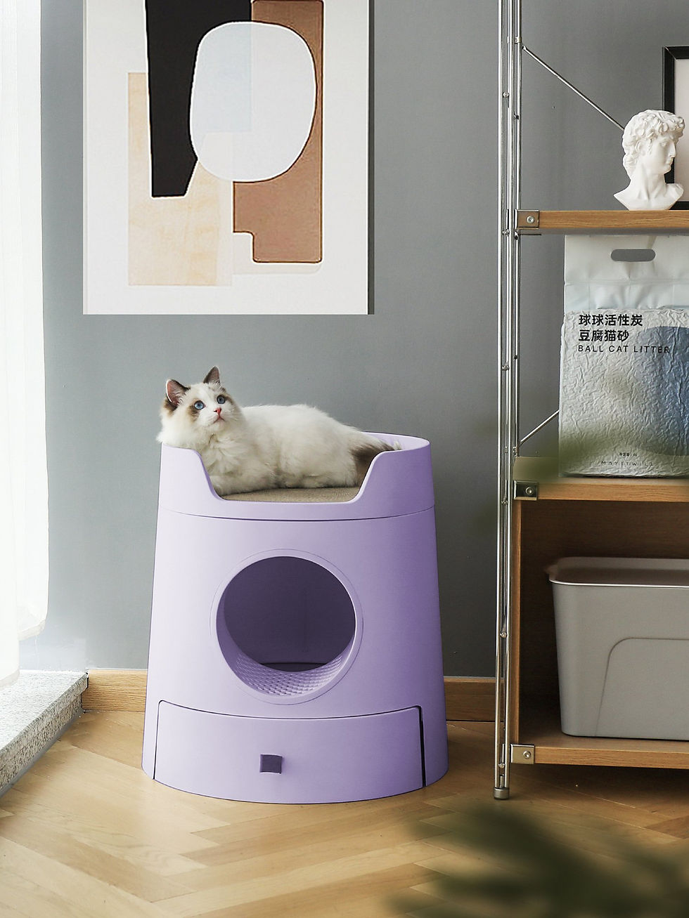 Thumbnail: Mayitwill XL Castle 2 in 1 Cat Litter Box with Scratch Basin &Scoop Lilac Purple