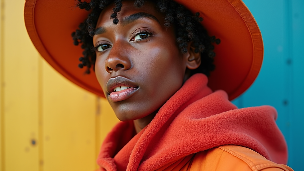 Close-up view of layered streetwear outfit with bold colors and textures