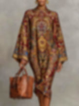 Thumbnail: Vintage Elegant Printed High Neck Kaftan Midi Dress
