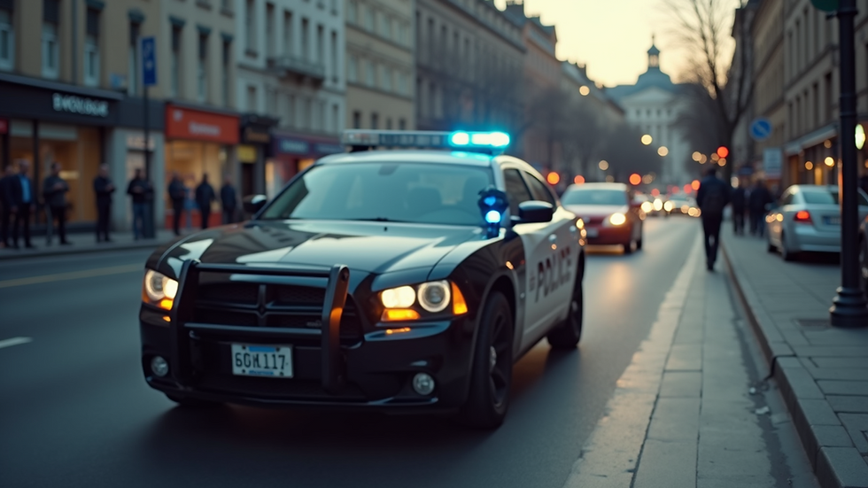 Close-up view of a police car parked on a roadside during an emergency