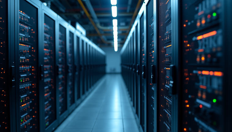 Eye-level view of a large data center filled with rows of mining servers
