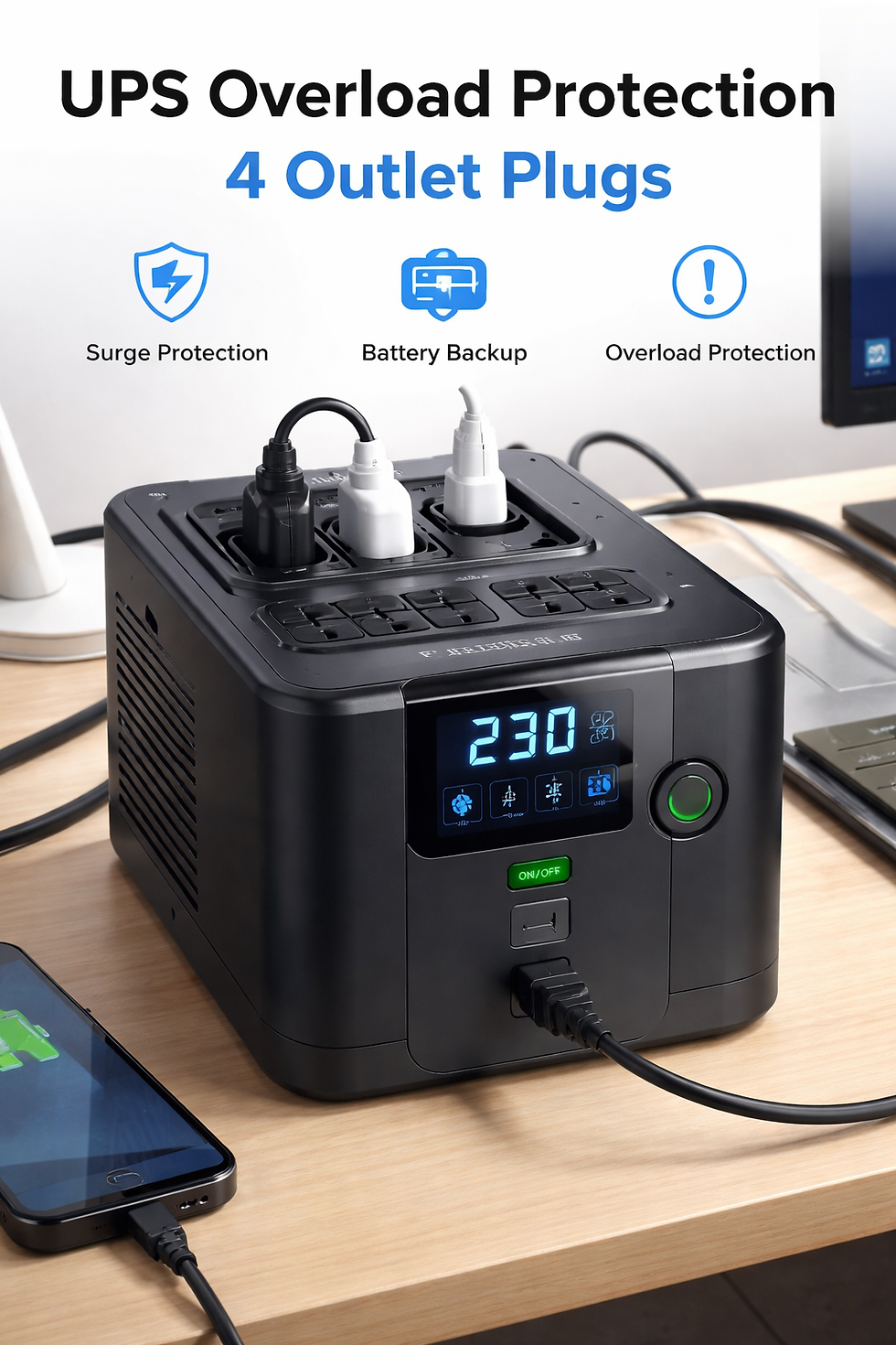 Reliable UPS Overload Protection with 4 Outlet Plugs