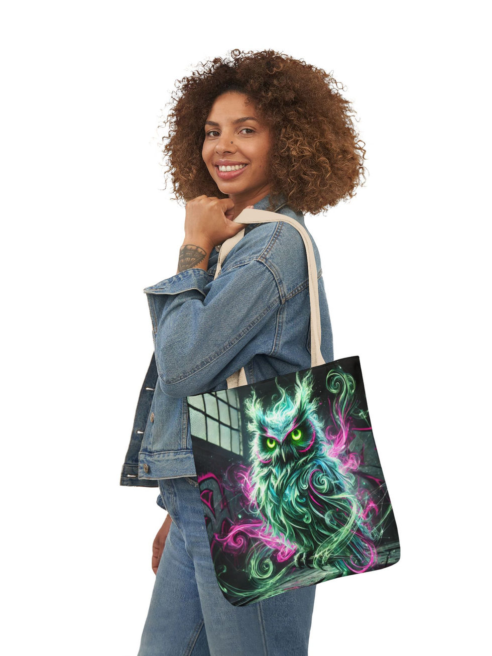 Canvas tote bag with all-over neon mystic owl street art graphic in teal and magenta 😼 bold urban art.