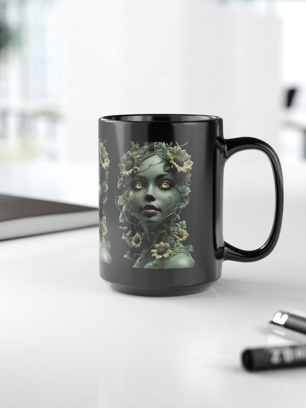 Black mug with an ethereal nature goddess design, featuring enchanted forest elements. Available in 11oz and 15oz sizes.