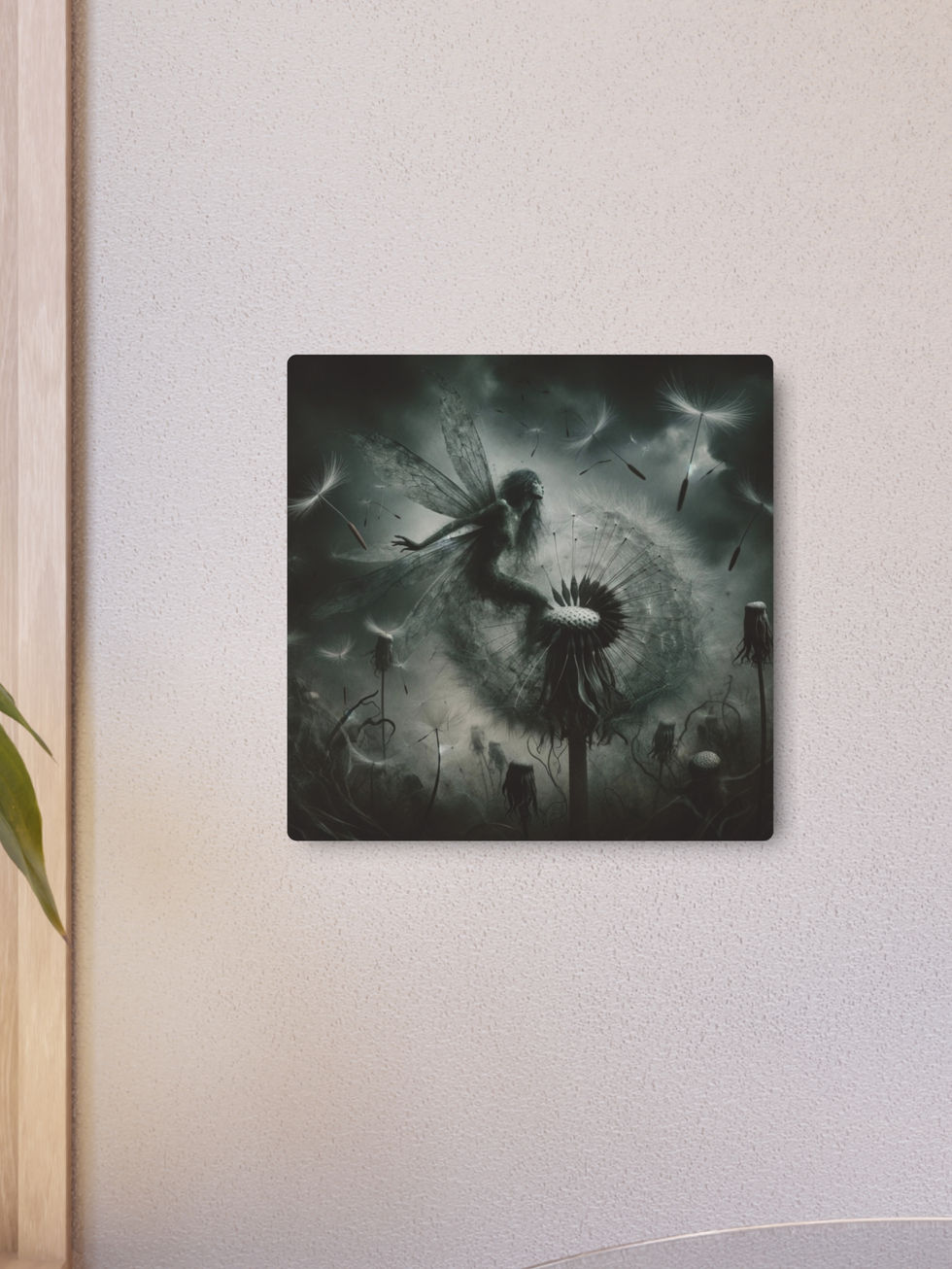 Metal art sign featuring a mystical fairy sitting on a dandelion, crafted from white aluminum composite with a matte finish.