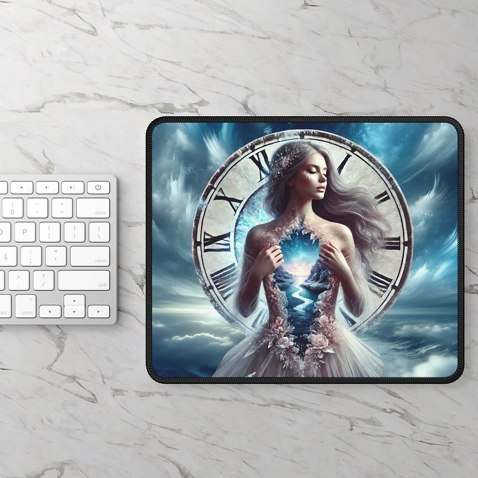 A gaming mouse pad featuring a surreal design with a timeless clock and ethereal artwork, perfect for gamers and workspaces