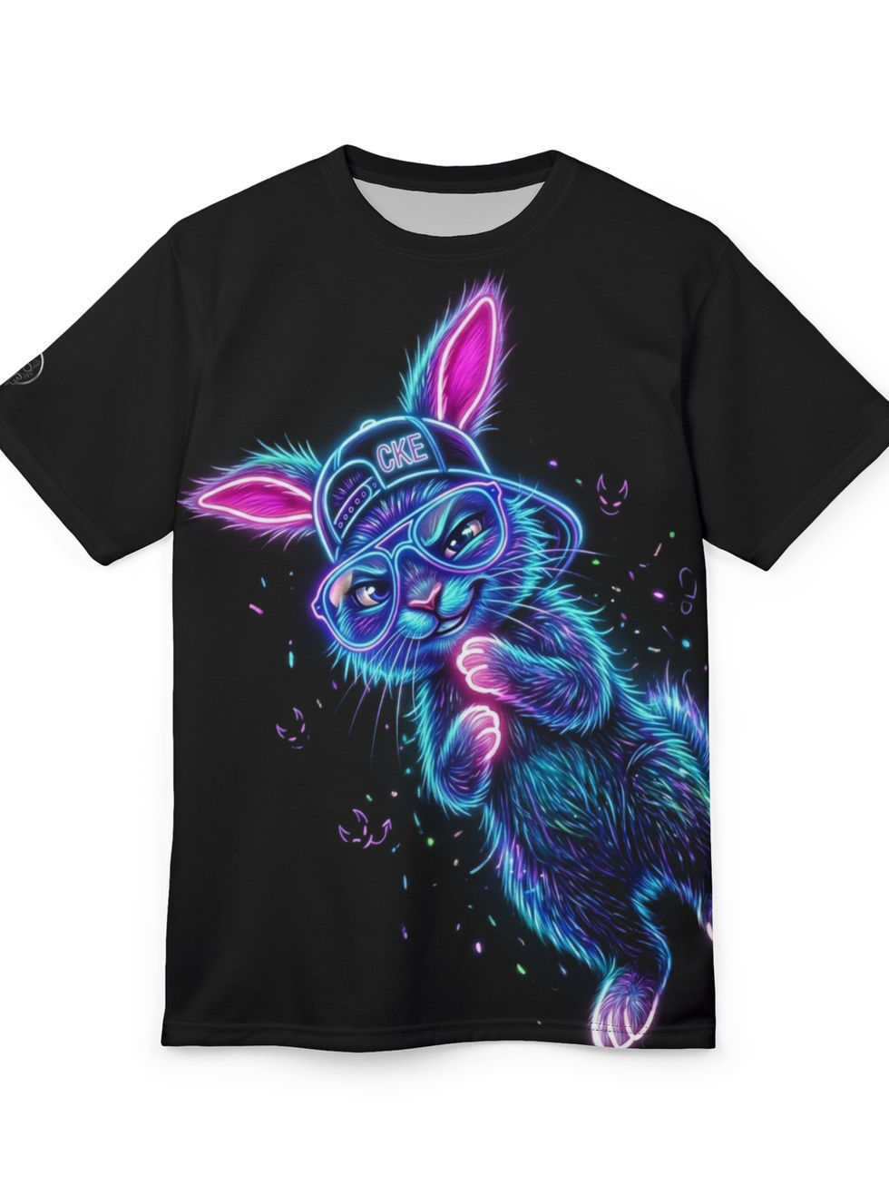 Chaos Kitten Emporium® Neon Graffiti Rabbit All-Over Tee Streetwear Shirt with vibrant high-contrast rabbit graphics.
