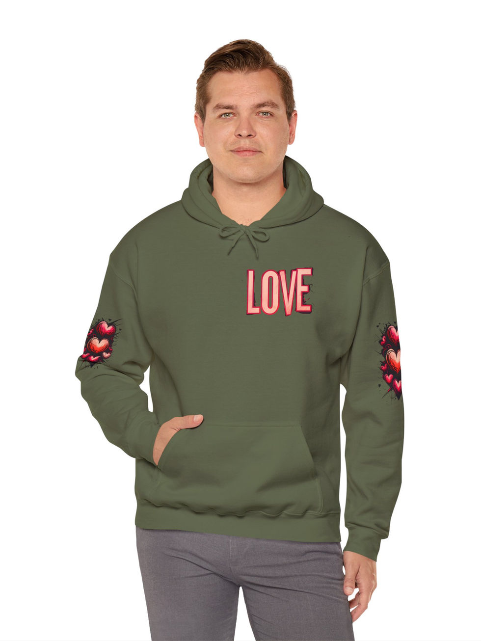 Streetwear hoodie w/ graffiti-inspired LOVE on the chest & vibrant red heart Art on the sleeves.