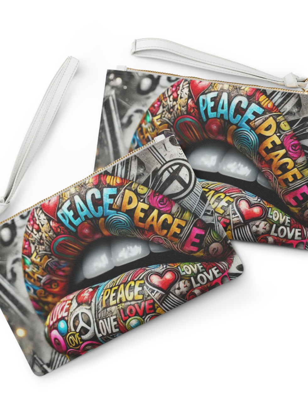 A vegan leather clutch bag, a bold peace & love design in vibrant colors, w/ a wrist strap & premium Saffiano finish.