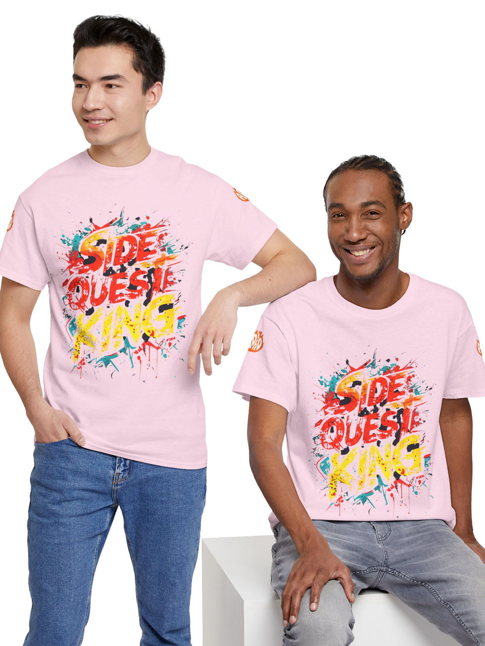 Graphic tee with graffiti-inspired 'Side Quest King' design in bold colors, perfect for ADHD warriors and streetwear fashion