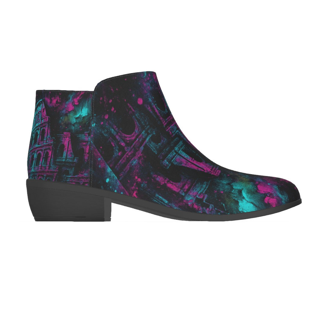 Chaos Kitten Emporium® Neon Colosseum Graphic Boots Women's Micro Suede with vibrant neon architectural graphic.