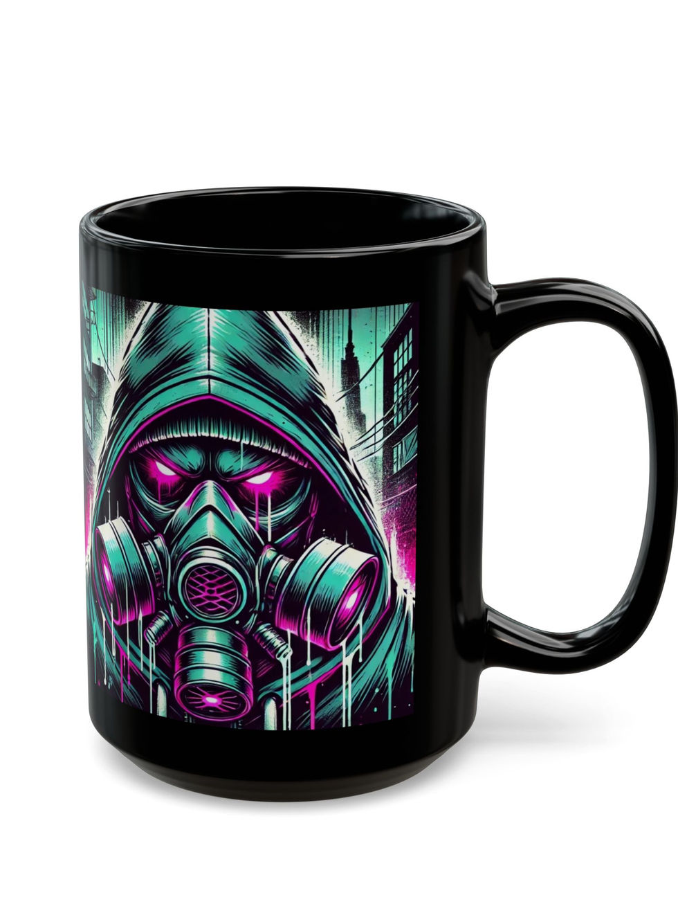 Black mug with a bold graffiti design of a hooded figure in a gas mask and neon accents, perfect for urban art fans