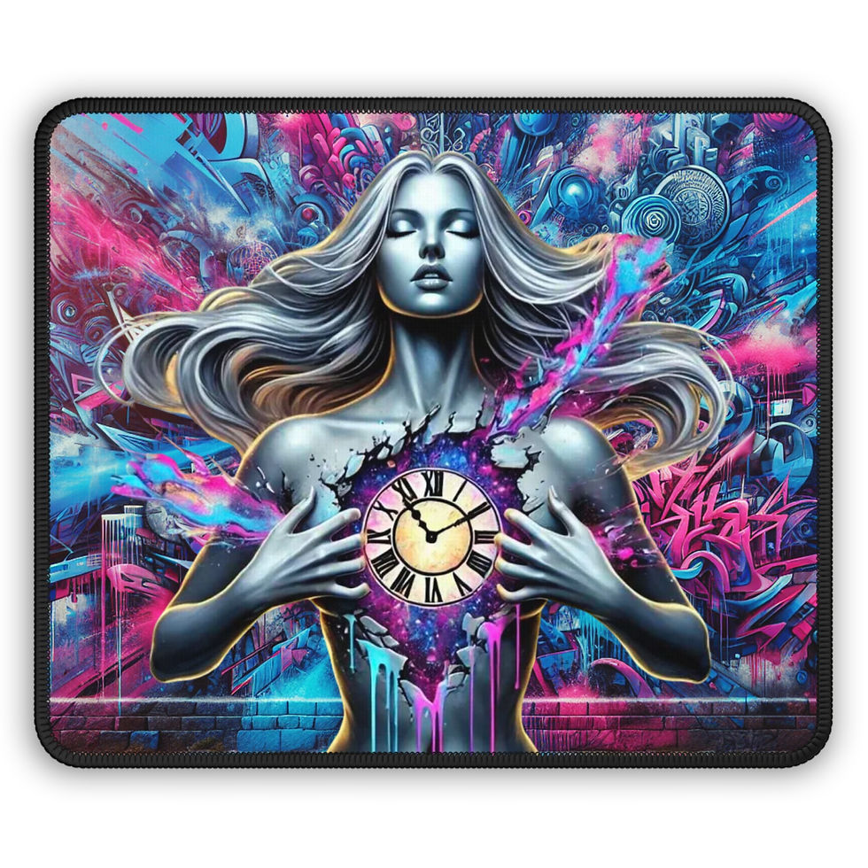 A vibrant gaming mouse pad featuring neon graffiti art with a bold clock design, ideal for gamers and workspaces.