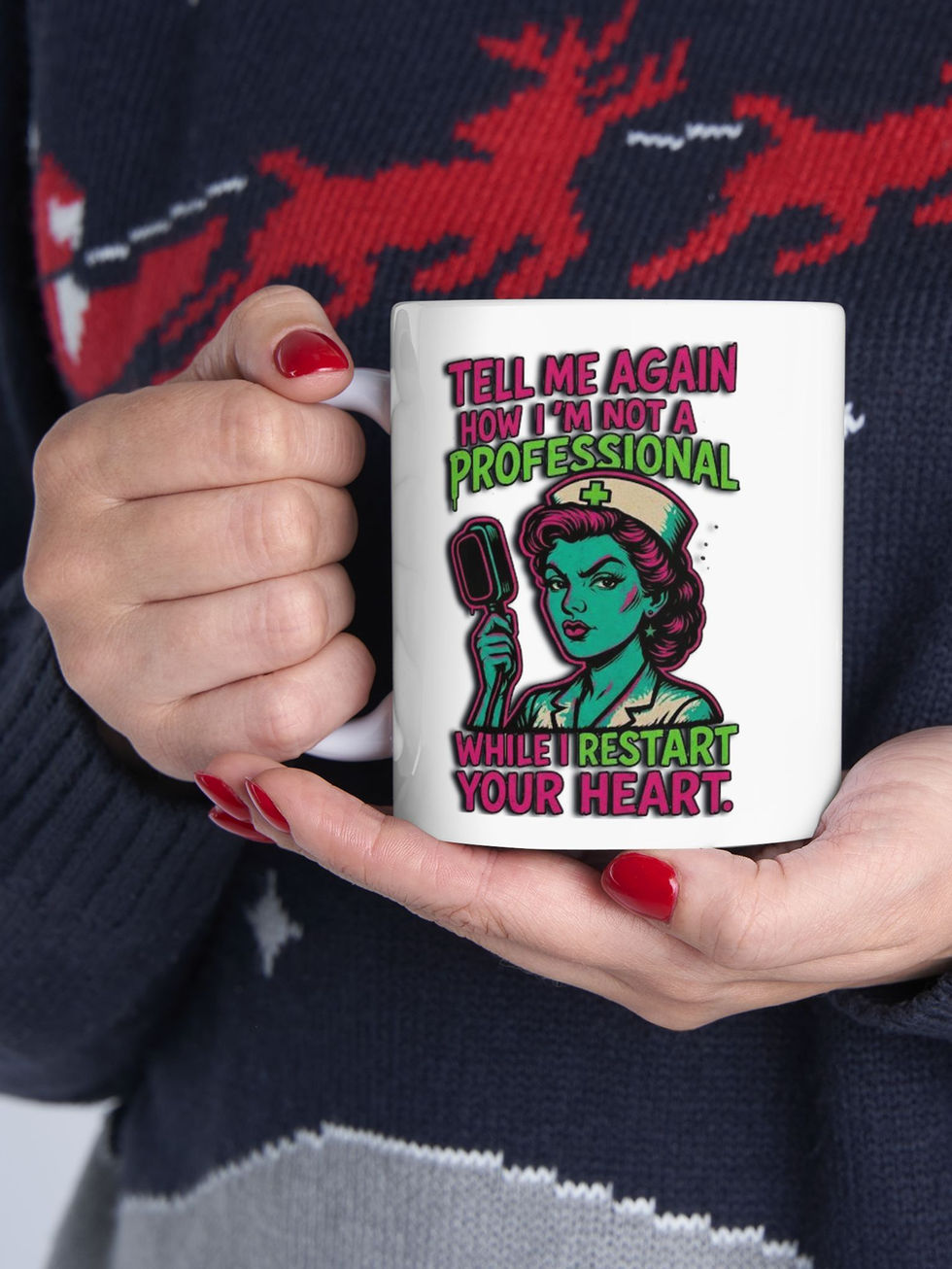 Glossy white ceramic mug with bold, neon pink and electric green illustration of a sassy nurse holding a heart paddle.