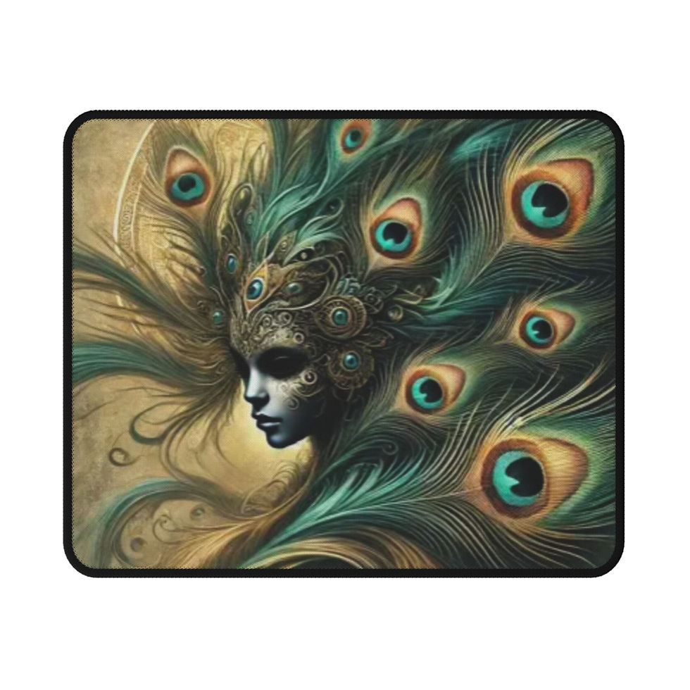 A gaming mouse pad featuring intricate peacock feather artwork with bold and vibrant details, ideal for stylish workspaces