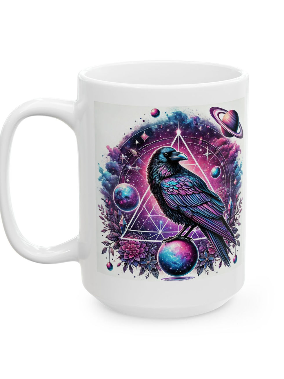 White mug with a celestial raven and gothic space art design. Perfect for coffee lovers with a taste for cosmic style.