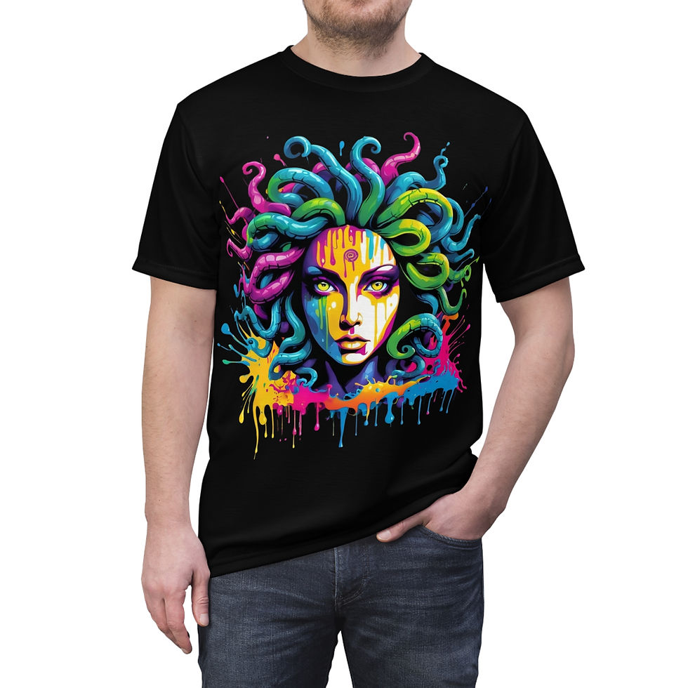 Chaos Kitten Emporium® Neon Medusa Drip Graphic Tee Streetwear with bold neon mythological Medusa head and drip effect.