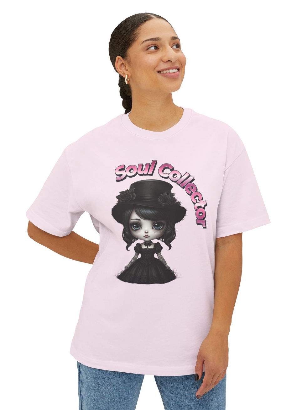 An oversized boxy t-shirt featuring a kawaii Soul Collector design, perfect for Halloween and streetwear lovers.